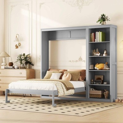 Queen Size Murphy Bed   Modern Wall Bed with Integrated Shelves (Gray)