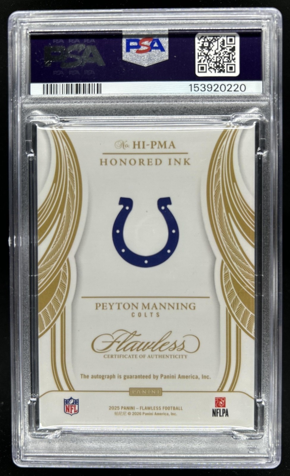 2025 Panini Flawless Peyton Manning Honored Ink Auto Sapphire #/10 Colts PSA 10 view 2