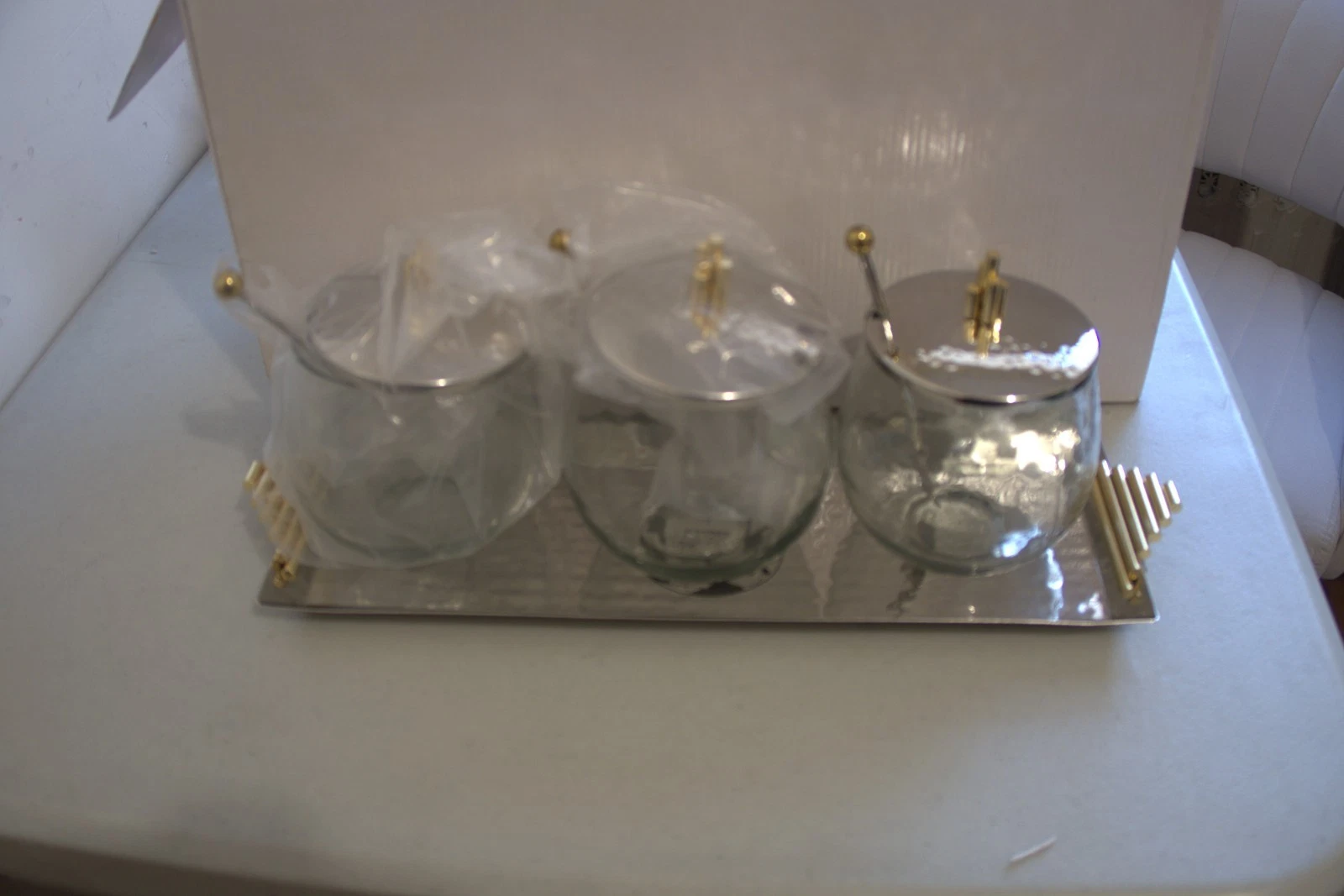 Hammered Tray with 3 Glass Bowls Gold Symmetrical Design by classic touch decor