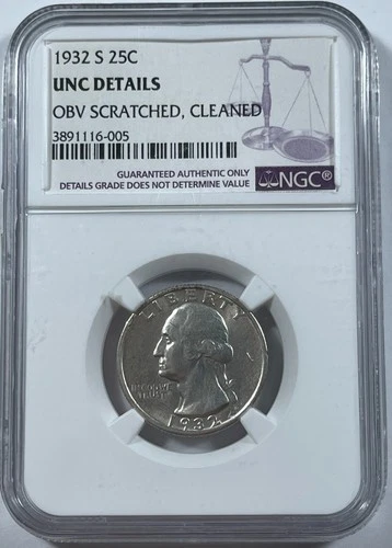 1932-S Washington 25C NGC UNC Details (##13058) Obv. Scratched & cleaned.