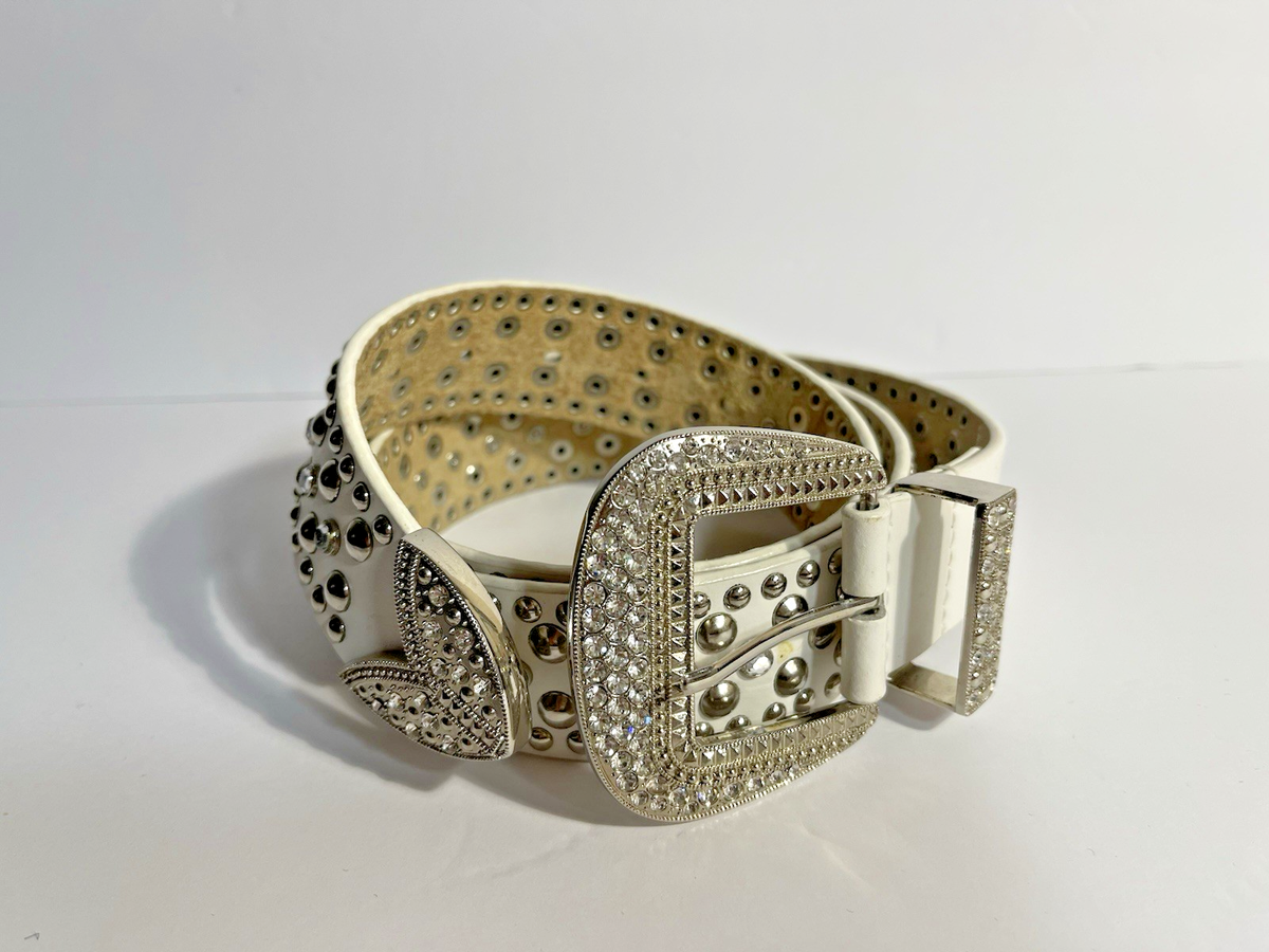 Womens Vintage 80s White Leather & Rhinestone Western Belt  display picture 2