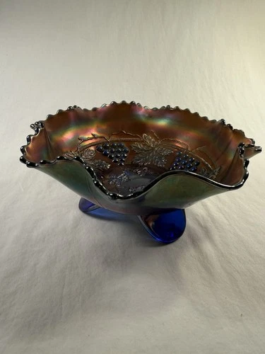 Fenton Carnival Glass - Blue -GRAPE AND CABLE-Spatula Foot Ruffles Bowl