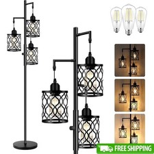 Dimmable Standing Floor Lamp W/ 3 Hanging Cages LED Bulbs Home Decor New