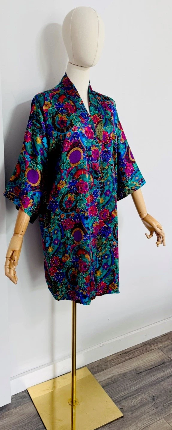 UNDERCOVER Camicia abito kimono vintage anni 90 Victoria’s Secret etichetta oro seta floreale OS