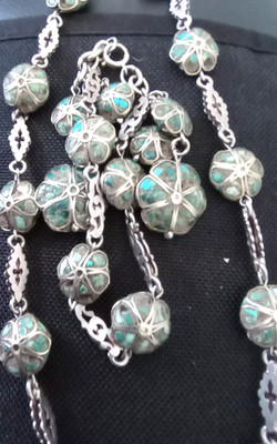 Sterling silver artisan necklace and bracelet flower design with turquoise chips