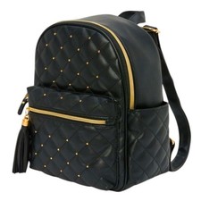 Mochila acolchada negra glaseada nueva con etiquetas con tachuelas y borla de perlas doradas nueva con etiquetas
