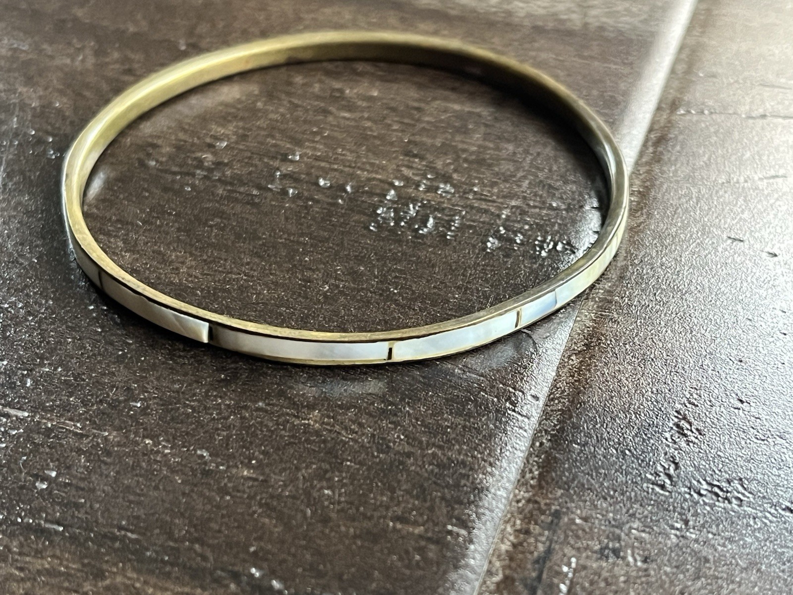 Vintage Thin Stackable Brass Bangle Bracelet MOP … - image 1