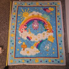 Vintage Care Bears Baby Blanket/wall hanging Rainbow Trail/Stripe Trim 33.5 x 42
