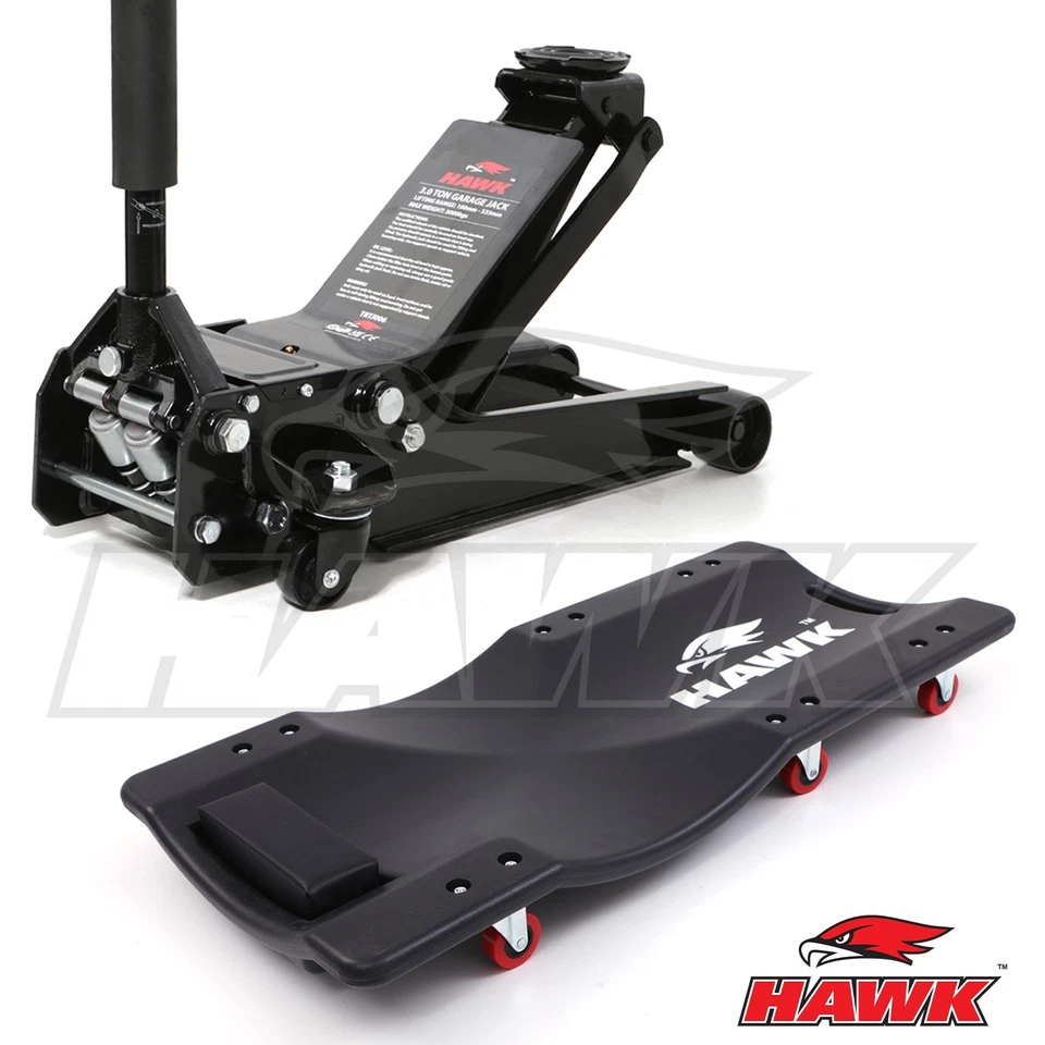 HAWK 3T 3 TONNE HYDRAULIC CAR TROLLEY LOW PROFILE JACK WITH 36" CAR CREEPER KIT