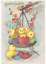 1974 pulcini pasquali fiori bilancia d'epoca cartolina vintage Buona Pasqua