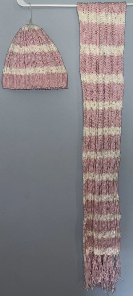Gap Beanie Toque Adulto Rosa Blanco Doble Punto Acrílico Mezcla Lana Lentejuelas y Bufanda Foto 2 de 2