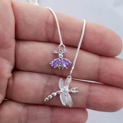 Sterling Silver Amethyst Lariat Necklace, Dragonfly & Bee February Birthstone