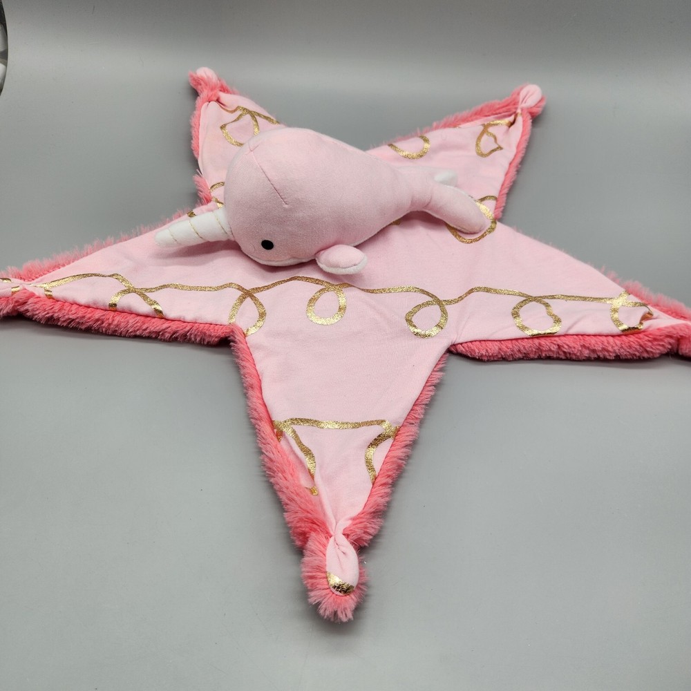Pink Narwhal Star Cloud Island Baby Lovey Plush Blanket with Gold Swirls  