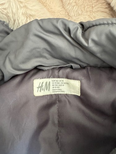 H&M Puffer Jacket Girls Youth Size 13-14 Long Charcoa Gray Hooded Winter Coat - Picture 4 of 4
