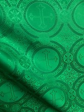 EMERALD GREEN LITURGICAL CROSS BROCADE FABRIC 55 in. Sold By The Yard