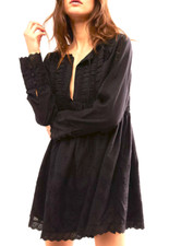 NEW FREE PEOPLE BLACK ODELIA BABYDOLL EMBROIDERED EYELET TRIM MINI DRESS SZ S