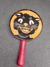 Vintage KIRCHHOF Tin Spooky Black Cat Halloween Noisemaker Wood Handle USA
