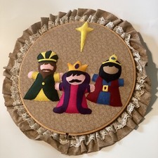 Finished Hoop Art Felt On Fabric Nativity Three Wise Men North Star Vtg Handmade