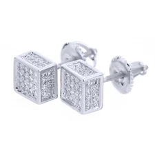 Men's Hip Hop Silver Plated 6 mm Iced 3D Square Screw Back Stud Earrings BE 069S