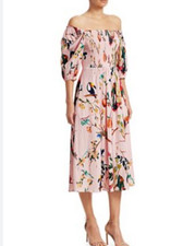 Tanya Taylor Lucinda Midi Dress Jungle Tropical Novelty Smocked Off Shoulder XS