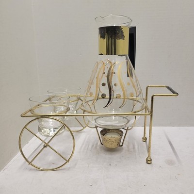 Atomic Stars Coffee Set Carafe Warming Stand Cart Creamer Sugar Glass Vntg MCM