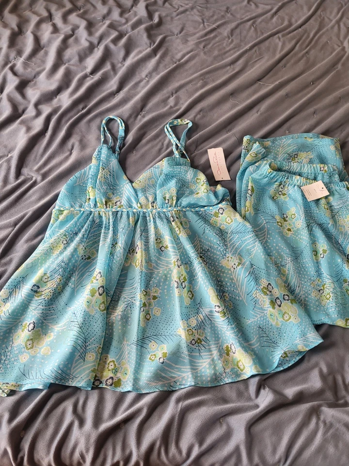 Juego de lencería Oscar de La Renta de gasa 2 piezas talla L nuevo azul floral. Foto 2 de 4