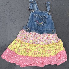 OshKosh Bib Denim Overalls Dress Toddler 4T Floral Ruffles Vtg Y2K Pink Yellow