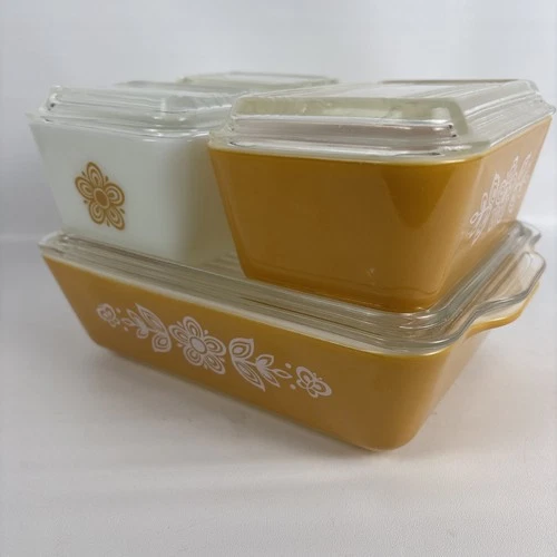 PYREX - 8 pc. Gold & White BUTTERFLY GOLD Refrigerator, Lid Set - #501, 502, 503