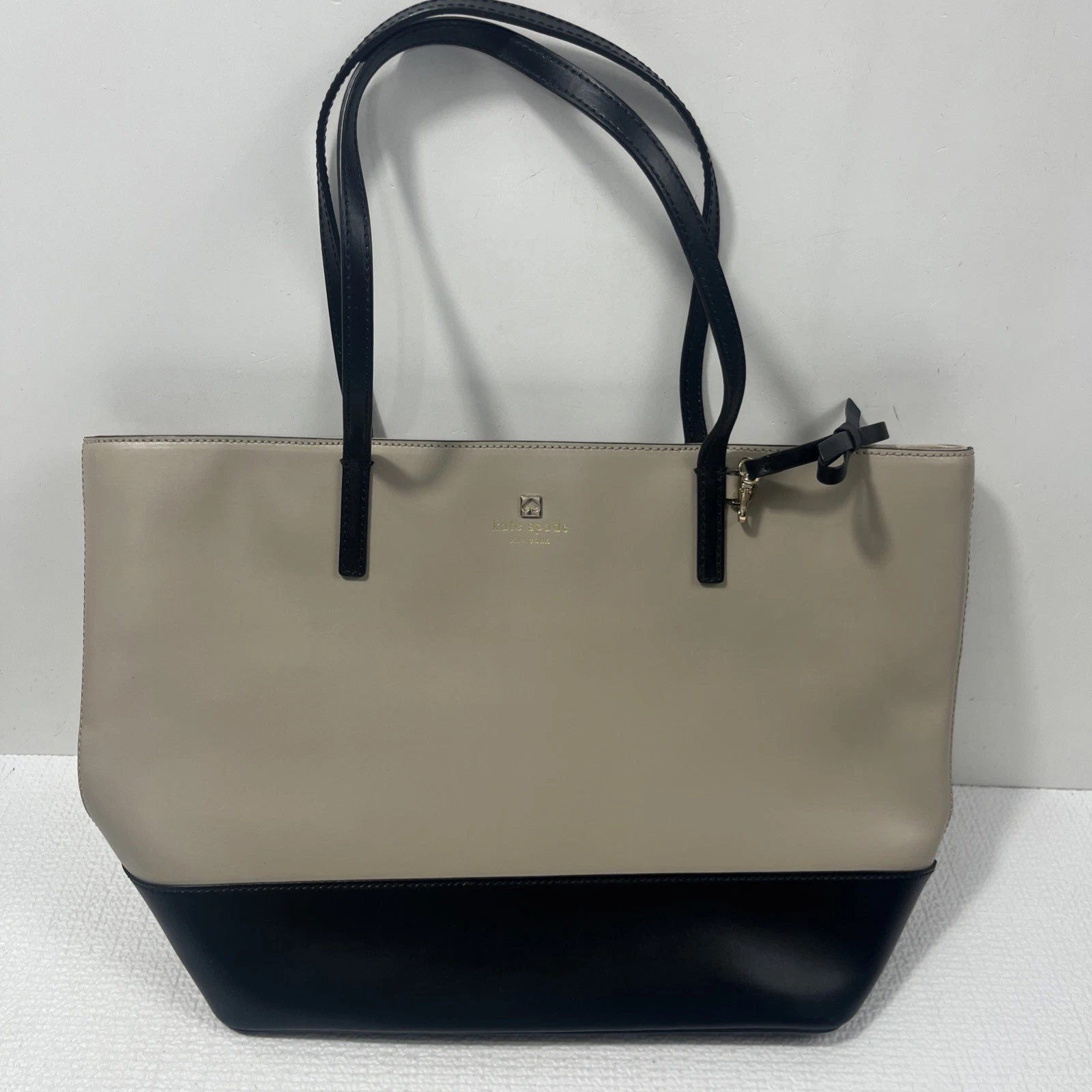 Kate Spade New York Beige Navy Colorblock Leather Tote Bag Large Shoulder Purse