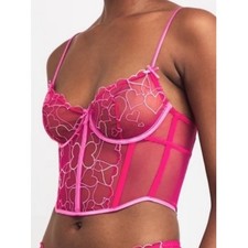 NWT SKIMS Embroidered Tulle Corset Top Pink Punch Hearts Size Large