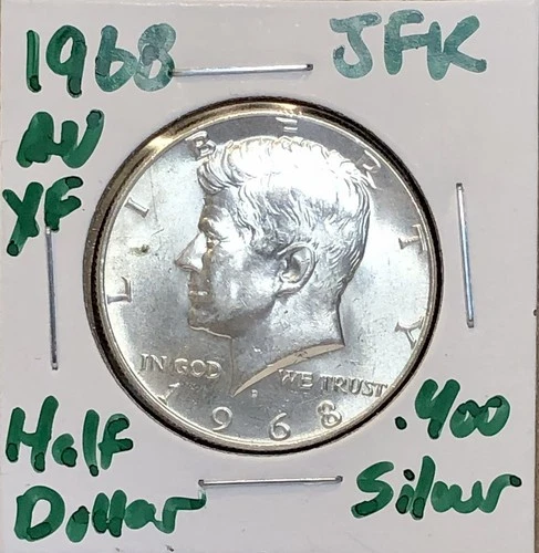 1968 D Kennedy Silver Half Dollar About Uncirculated Denver 40% Silver - 26B