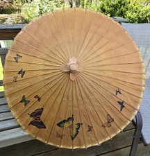 Asian Hand Painted Rice Paper Bamboo Parasol Umbrella Butterflies 36"