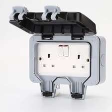 Waterproof Outdoors 13A Double Gang Storm Twin Switched Plug Socket IP66 Wall UK