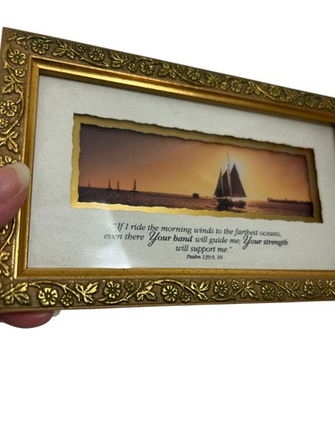 Inspirational Psalm 139:10 Framed Sailboat Ocean Scene Gold Tone Floral Frame - Picture 4 of 6