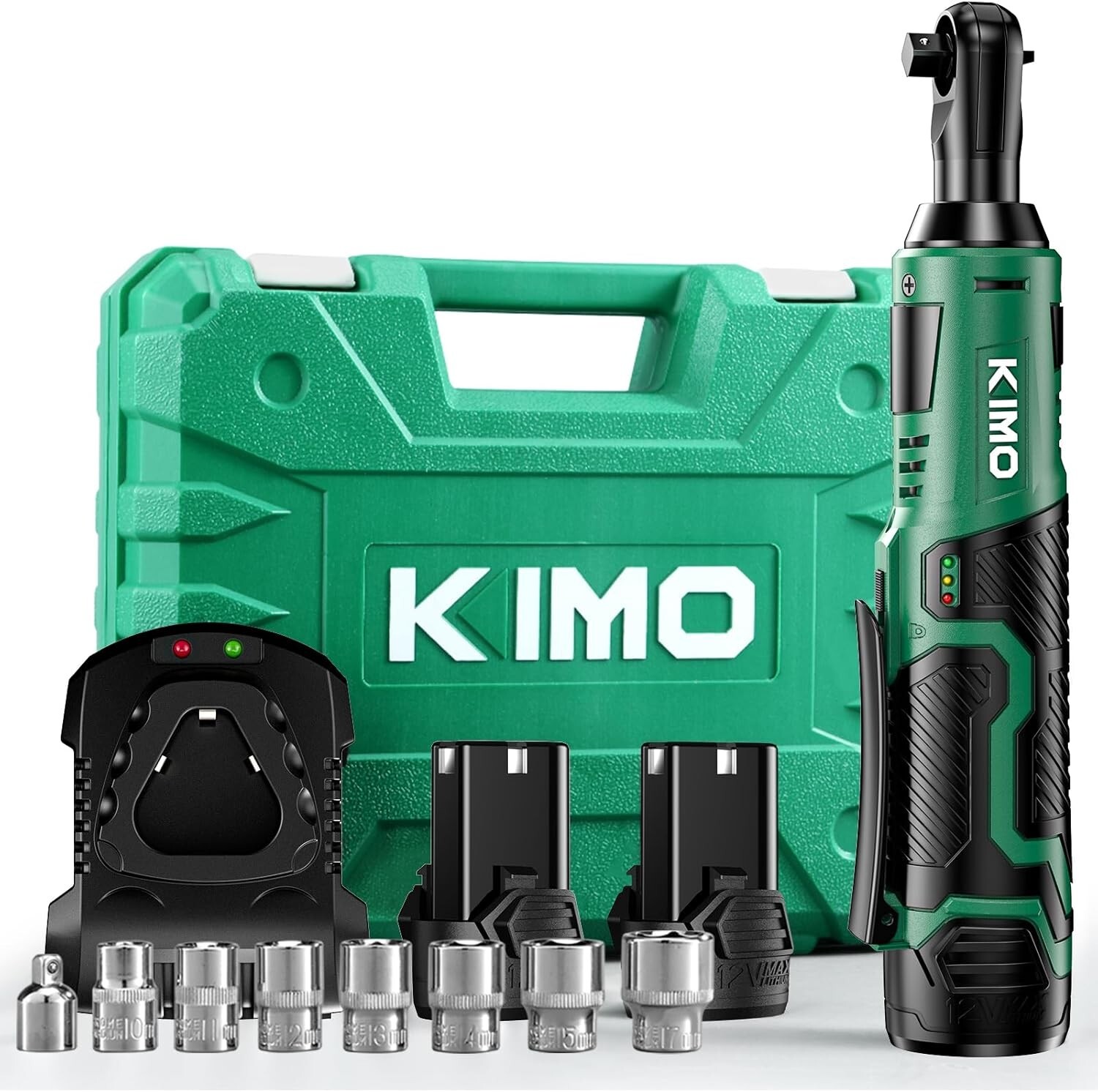 Variable Speed 12V Cordless Ratchet Wrench Set - KIMO with 7 Sockets & LED Light