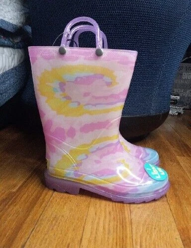 Girls Kids Size 11 Light Up Rain Boots TIEDYE Glitter Swirl