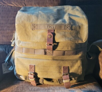 Canvas Backpack KURTZ Standard Issue Large Green Cotton Leather Trim  Buckles