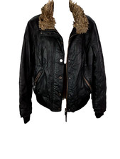 Garage Jacket Black Bomber Womens Faux Leather Gold Full Zip Fur Trim Size M