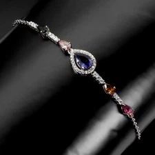 925 Sterling Silver Bracelet Pear Iolite 7x5mm Tourmaline Natural Gemstone Jewel