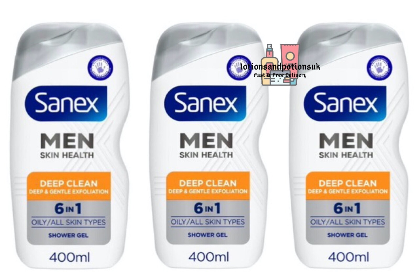 3 x Sanex Men Skin Health Deep Clean 6 In 1 Shower Gel for Men 400ml