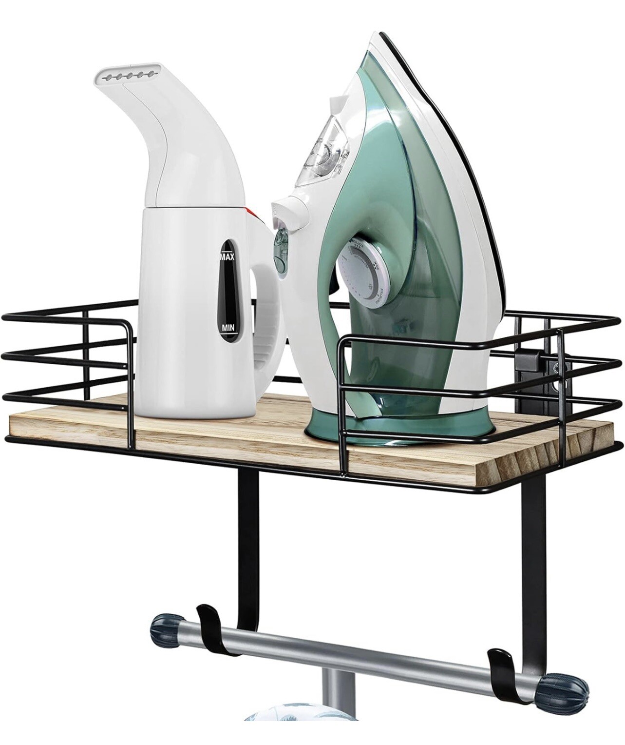 Wall Mount Ironing Board Hanger Wood Shelf Metal Basket Laundry Organization