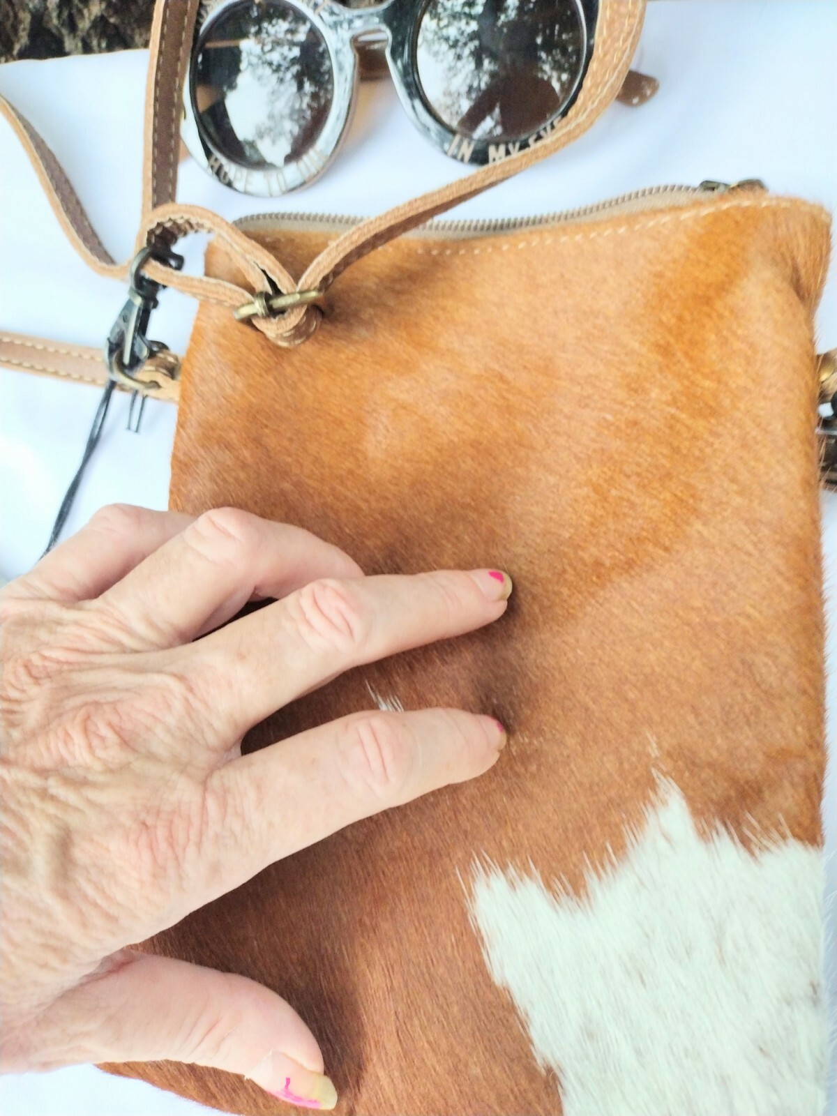 BORSA MYRA NUOVA CON ETICHETTE PONY HAIR PELLE INVECCHIATA BORSA A TRACOLLA LOOK!