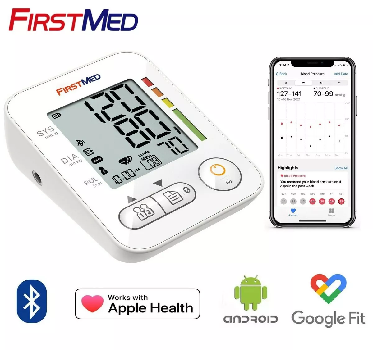 FirstMed Bluetooth Blood Pressure Monitor Machine Apple Health Google Large  cuff