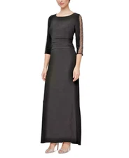 SL Fashions Women's Petite Ruched Beaded 3/4-Sleeve Gown Maxi Dress Black 4P