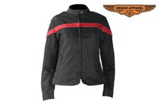 Ladies Black Durable Textile Motorcycle Biker Quilted & Red Stripe Jacket