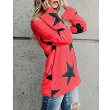 Women's Long Sleeve One Off Shoulder Tee Shirt Top Star Print Pullover Blouse