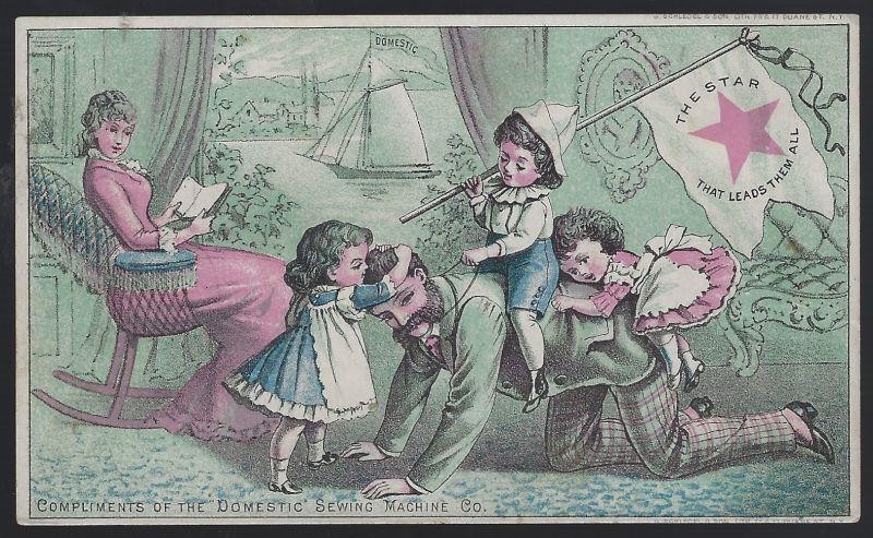 Domestic Sewing Machine Father Playing Children Mother Victorian Trade Card
