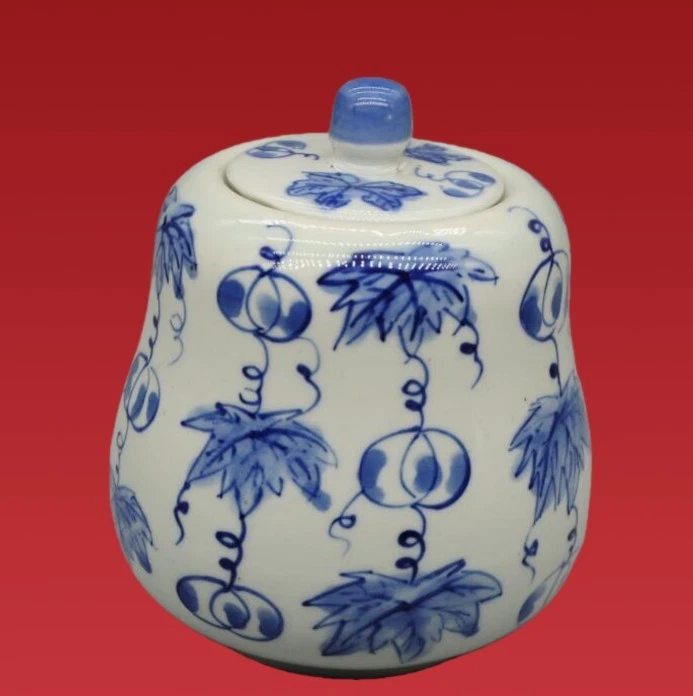 Jarro de cabaça chinês antigo azul e branco marca Qianlong porcelana com tampa - Imagem 2 de 4