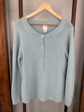 Garnet Hill Large Light Blue Chunky Knit 4 Button Pullover Sweater 100% Wool