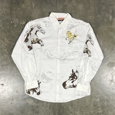 Vintage White Western Shirt Featuring A Rodeo Cowboy Horse Prints Size XL
